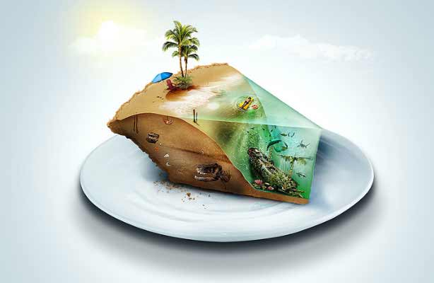 A surreal dessert slice resembling an island with ocean life inside.